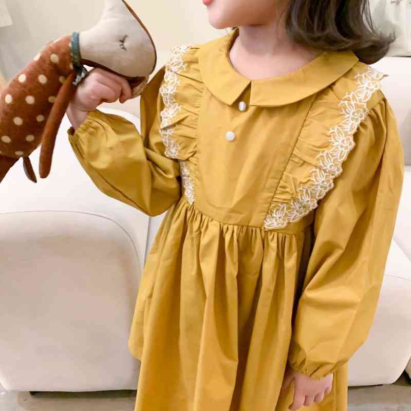 

Korean style Spring Girls Retro Lace Patchwork Princess Dress 1-5 Years Little Turn-down Collar Party Dresses 210615, Yellow