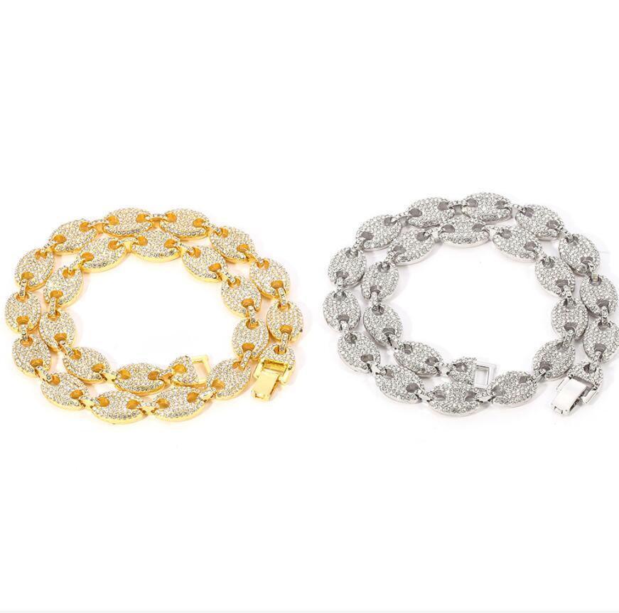 

HIP HOP 1kit Bling Multicolor Coffee Bean Iced Out CZ Pig Nose Rhinestone Charm Link Chain Necklaces & Bracelet for Men Jewelry Y0124, Golden;silver