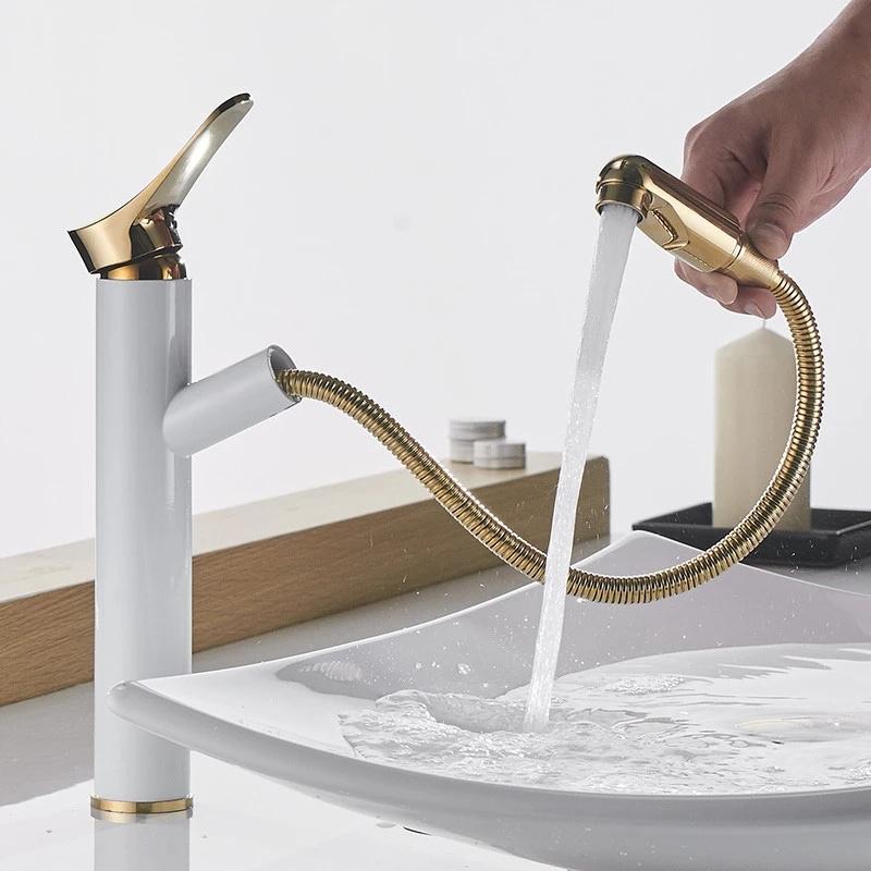 

Bathroom Basin Faucet Pull Out Spray Nozzle Hot & Cold Solid Brass 360 Degree Rotating Sink Mixer Tap Single Handle Rose Gold