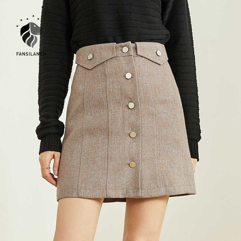 

FANSILANEN Woolen autumn winter mini a-line skirt Women elegant button high waist Office lady vintage short bottom 210607, Coffee