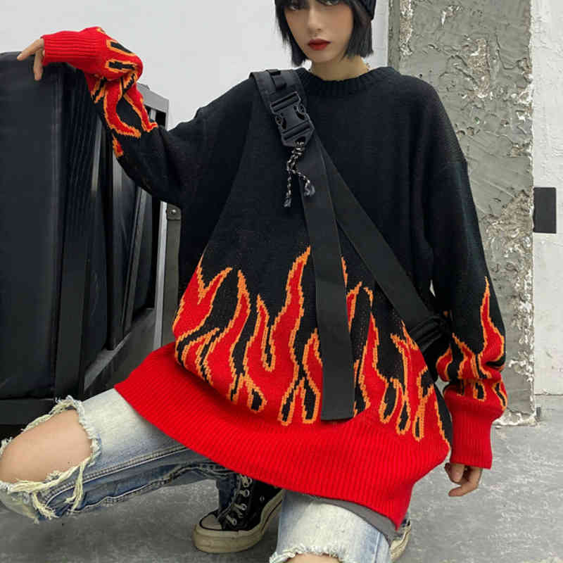

Women's T-Shirt Autumn Winter Korean Oversize Flame Knitted Pullover Loose Sweater for Women EPHP, Black