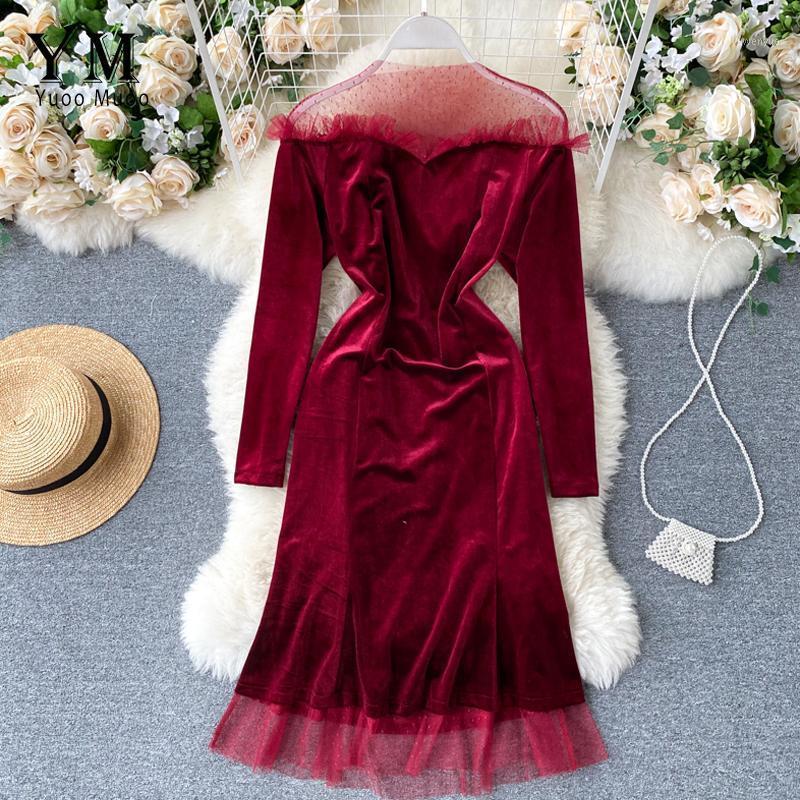 

Casual Dresses YuooMuoo Fall Vintage Velvet Women Dress 2021 Solid Long Sleeve Mesh Ruffles Midi Party Female Elegant Ladies, Black