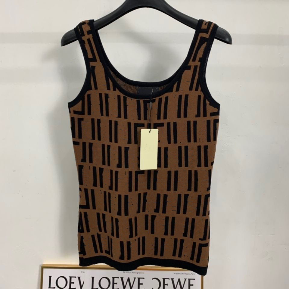 

Women's Knits designer retro U-neck FF letter jacquard knitted slim-fit camisole Size S-L, Khaki
