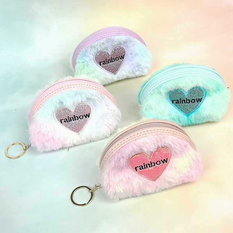 

10pcs Coin Purses Women Plush Rainbow Embroidery Half Square Small Wallets Mix Color, Pink