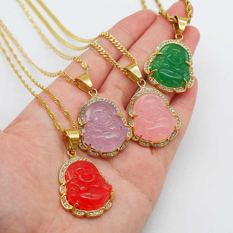 

Stainls steel laughing religious maitreya carved jade buddha pendant necklace