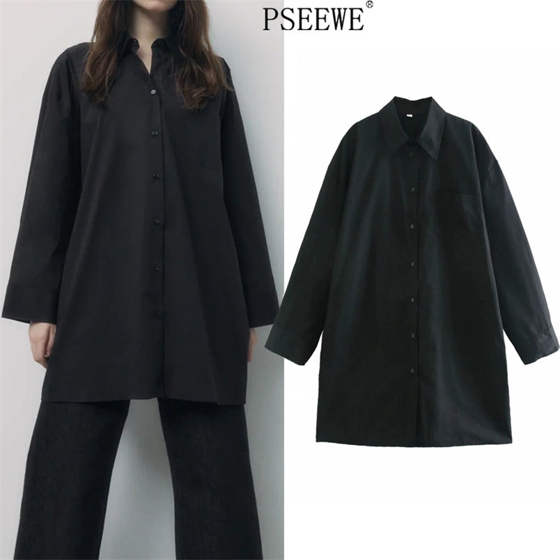 

Black Oversize Long Shirt Women Fall Collared Button Up Sleeve Top Female Casual Blouse Plus Size Tunic 210519