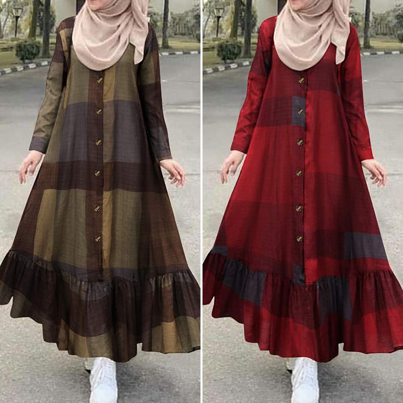 

Turkey Vintage Che Muslim Dress Womens Autumn Sundress 2021 Casual Long Sleeve Ruffle Vestidos Female Button Printed Robe 5XL