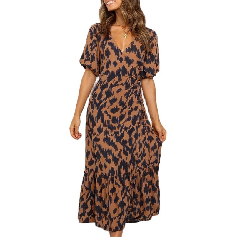 

Temperament sexy v-neck split print short-sleeved dress elegant summer fashion women's clothing 210520, Brown