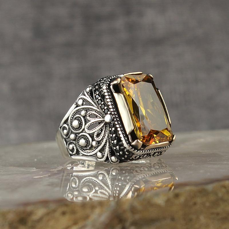 

Cluster Rings 925 Sterling Silver Ring For Men Citrine Stone Jewelry Fashion Vintage Gift Onyx Aqeq Mens All Size, Golden;silver