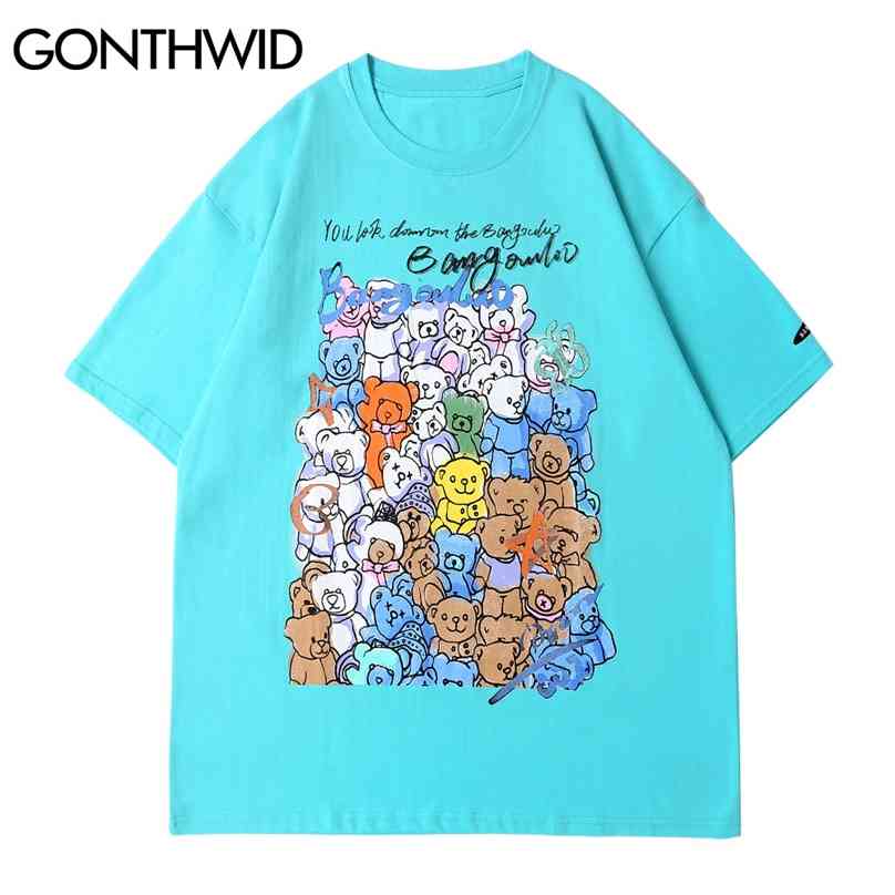 

T-Shirts Cartoon Bears Print Cotton Streetwear Harajuku Hip Hop Casual Tees Shirts Mens Fashion Short Sleeve Loose Tops 210602, Purple