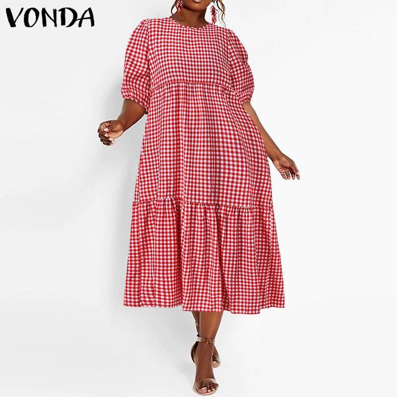 

Plus Size Dresses VONDA Bohemian Women Plaid Dress Summer Short Sleeve Midi Sundress Lantern Casual Loose Pleated Beach, Black