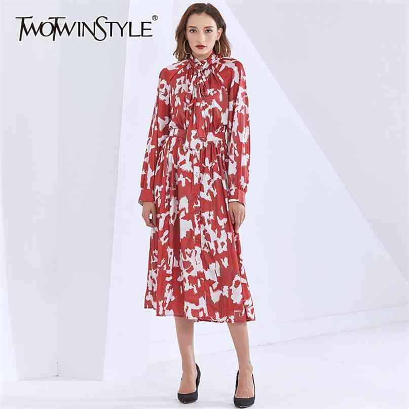 

Colorful Dress For Women Stand Collar Lantern Long Sleeve Bowknot Lace Up High Waist Red Dresses Female Style 210520