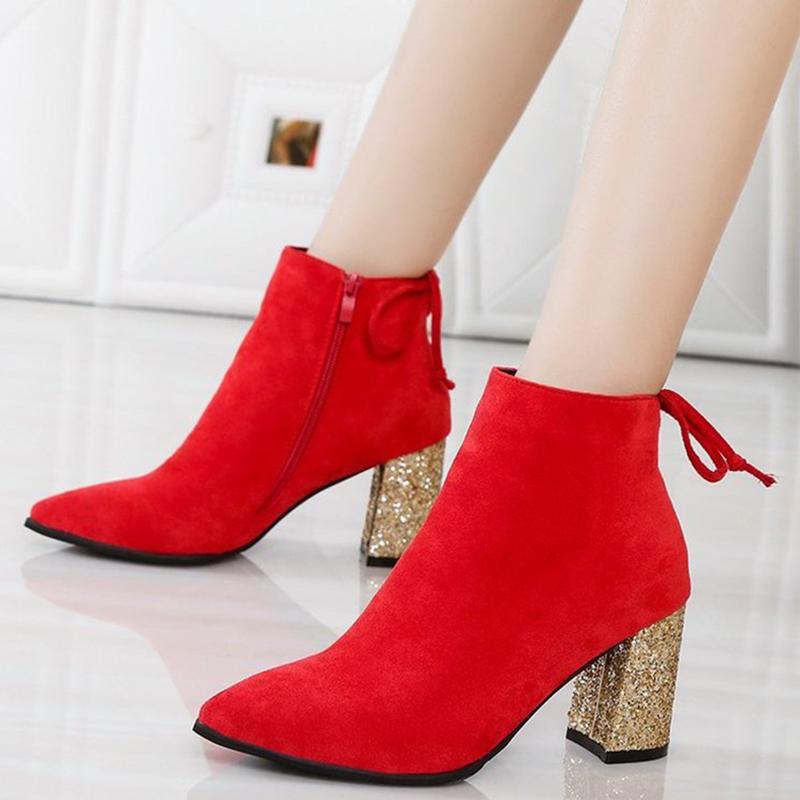 

Boots Glegant Ankle High Heels (5cm-8cm) Red Fashion Shoes Woman Pu Square Heel Women Pointed Toe 2021, Black