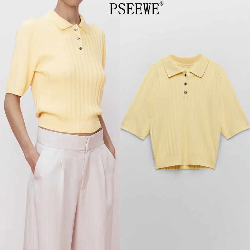 

Polo Shirts For Women Yellow Buttons Knit Crop Top Female Elegant Short Sleeve Summer Polo Woman Tops 210517
