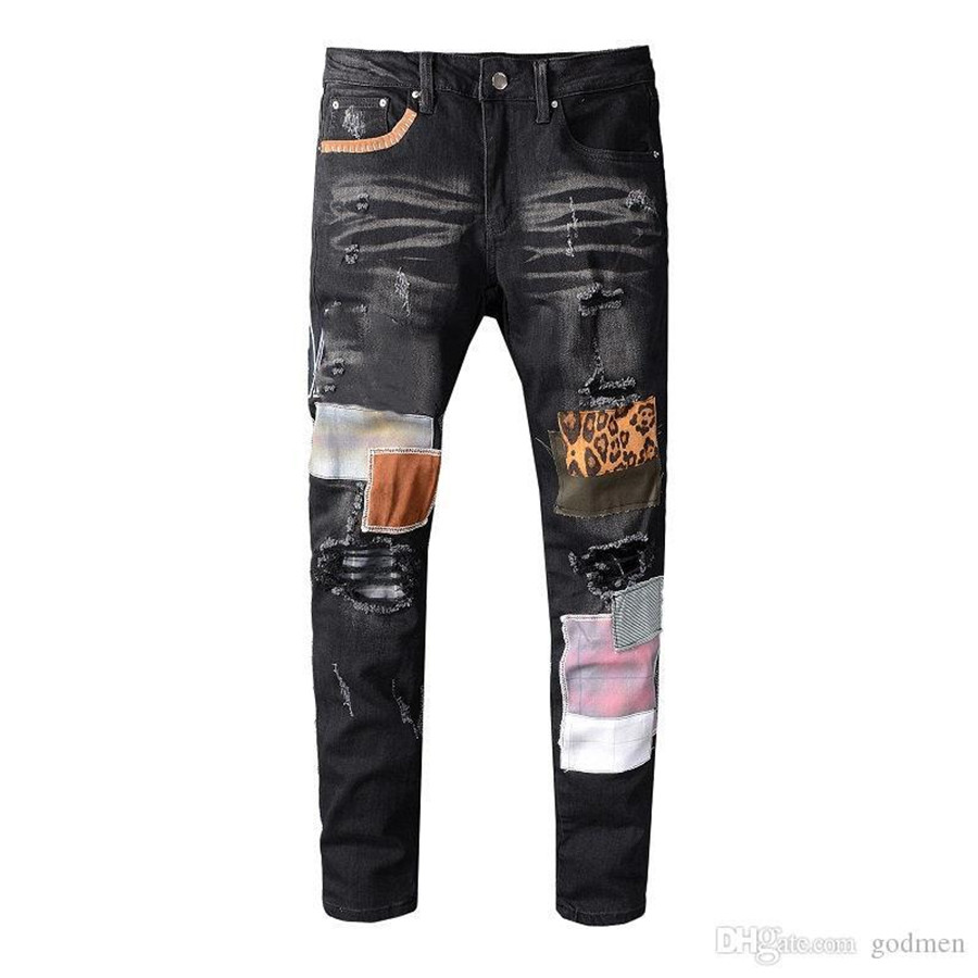 

2021 Mens jeans Distressed Motorcycle biker jean Rock Skinny Slim Ripped hole letter Top Quality Brand Hip Hop Denim Pants, Blue