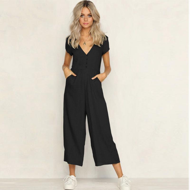 

Women's Jumpsuits & Rompers V Neck Jumpsuit Short Sleeve Playsuit Casual Button Fabala Wide Leg Autumn, Black