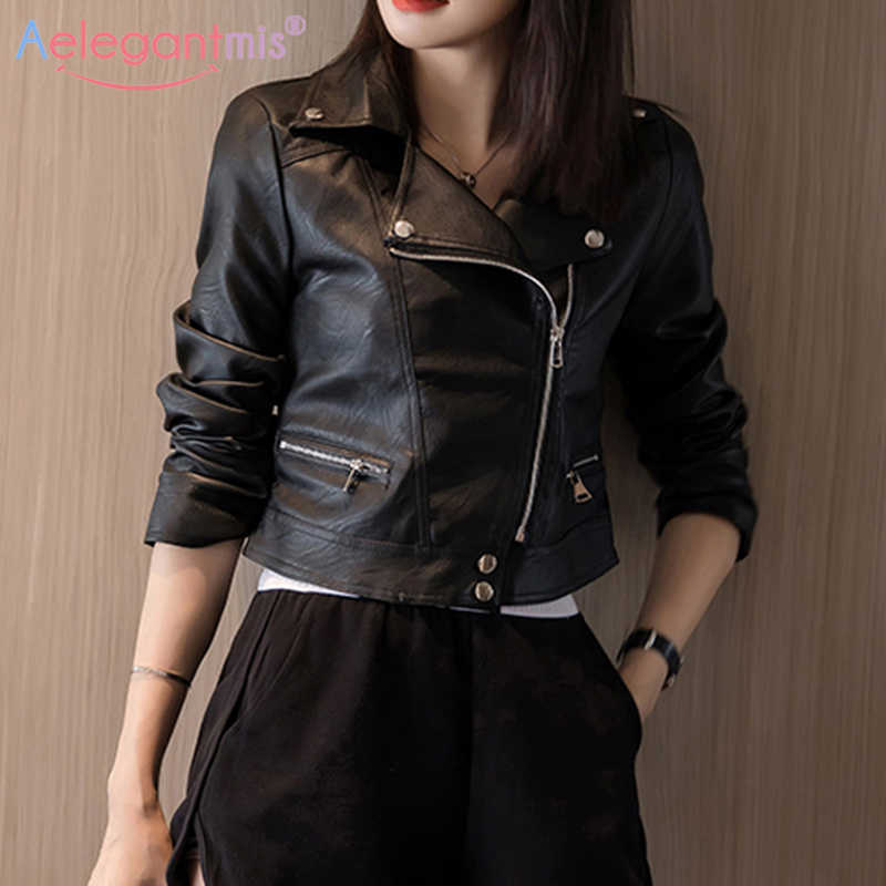 

Aelegantmis Spring Zipper Cropped Faux Leather Jacket Women Pink Fashion Motorcycle PU Female Basic Short Coat 210607, Black
