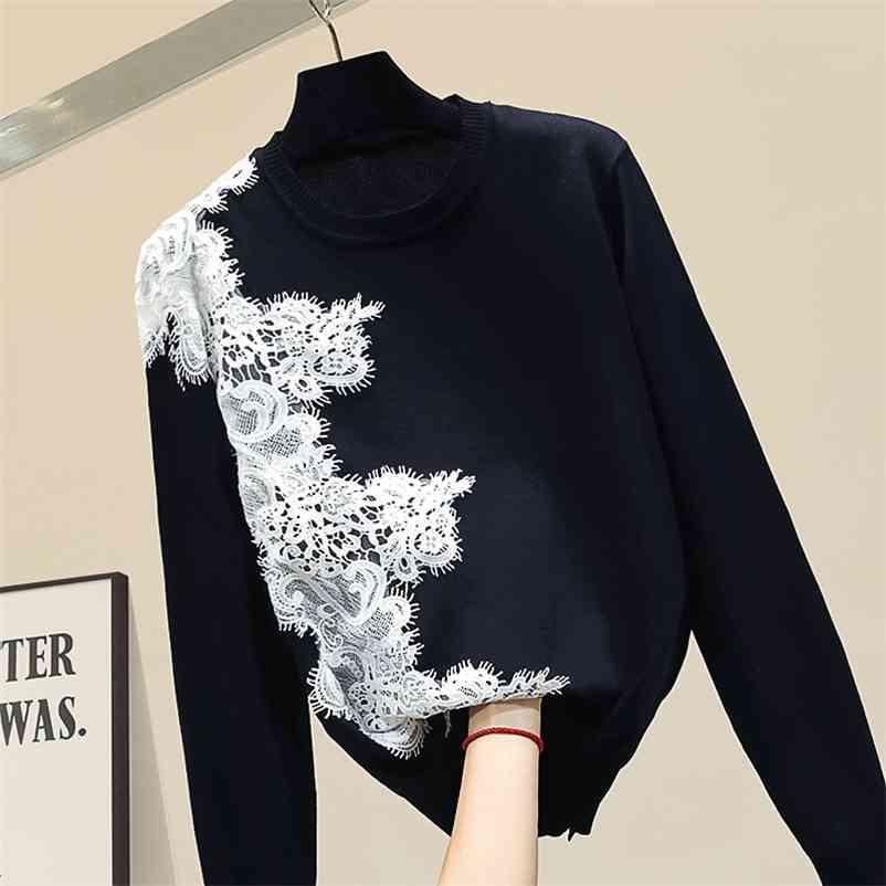 

Sweater Women Lace Women's s Autumn Womens Jumper Pull Femme Knitting Tops A3828 210519, Black