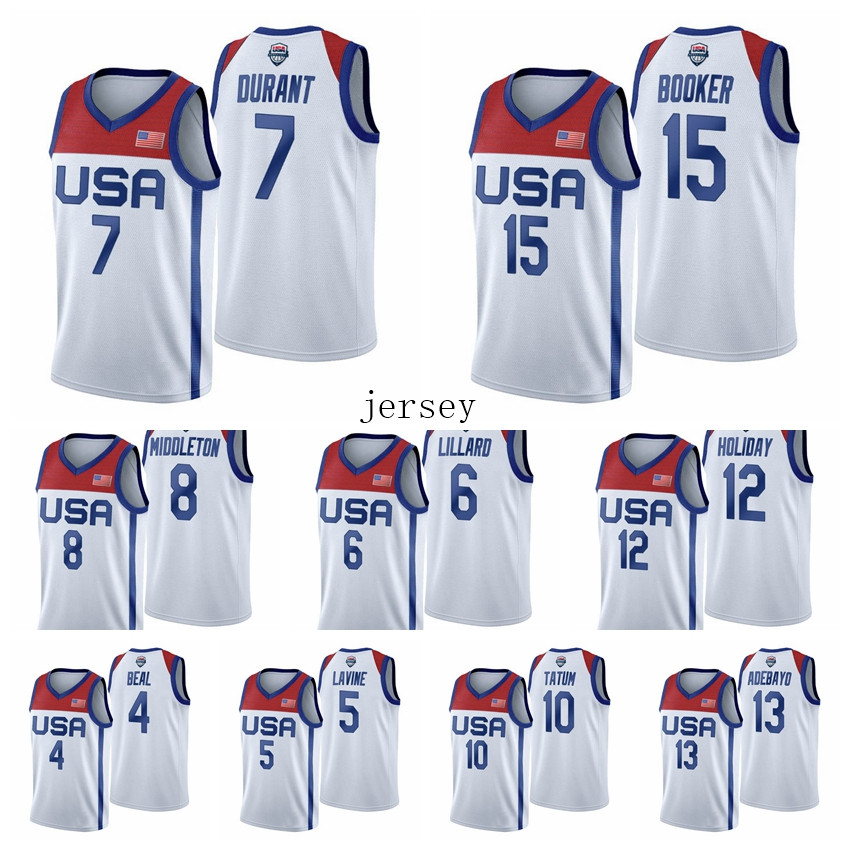 

USA Team 2021 Tokyo Olympics Basketball 15 Booker 5 LaVine 10 Tatum 7 Durant 12 Holiday 13 Adebayo 6 Lillard 8 Middleton 11 Love 4 Beal 9 Grant 14 Green White Jersey