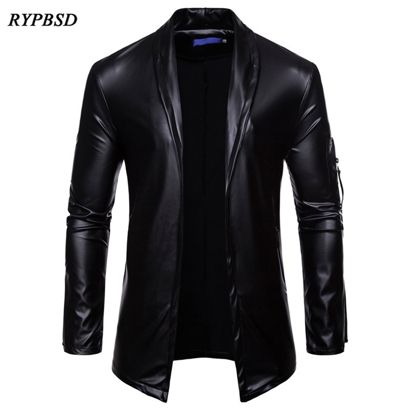 

Fashion Mens Leather Jacket Long Sleeve PU Faux Leather Jacket Solid Color Turn Down Collar Cardigan Jacket Men -XXXL 211111, As picture black