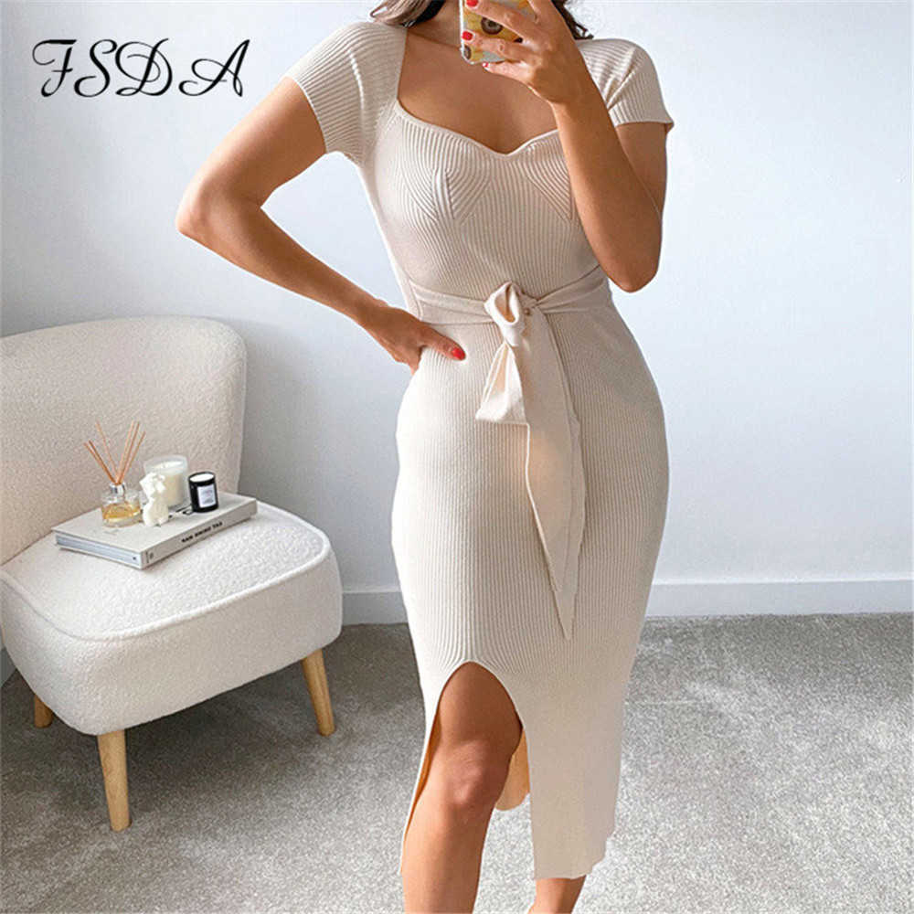 

FSDA 2021 Summer Knit Bodycon Dress Women Blue Y2K Short Sleeve Sashes Casual Elegant Beige Bandage Midi Dresses Party Y0603