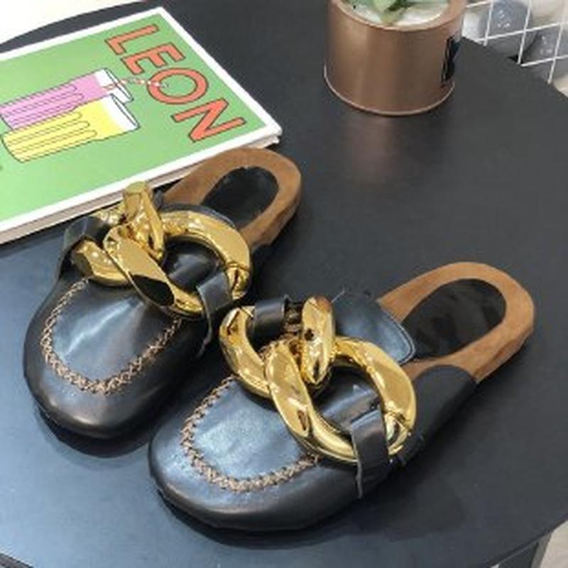 

Slippers Fashion Chain Baotou Muller Shoes Women 2021 Autumn And Winter Thick-soled Casual Non-slip Flat Heel, Black