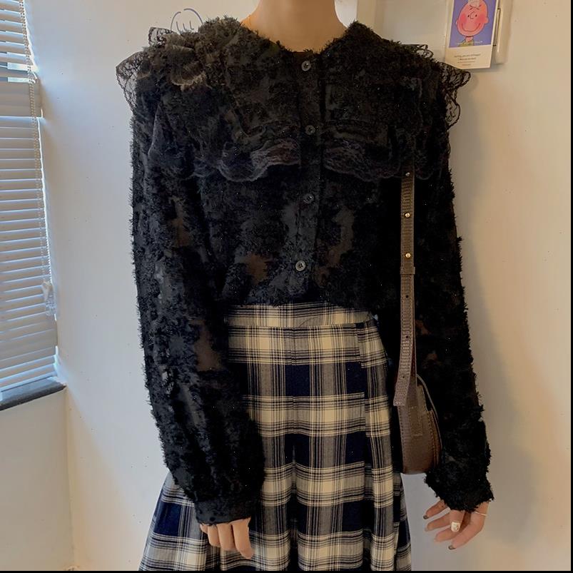 

see through puff sleeve women shirt lace fashion transparent black blusas, White