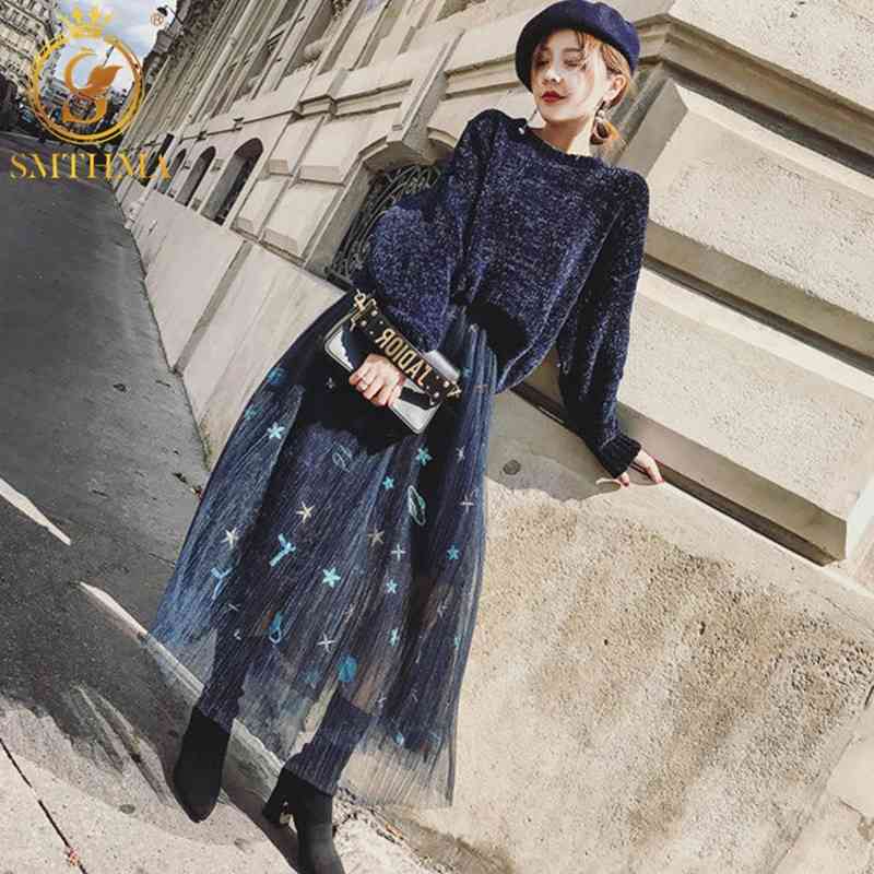 

Autumn And Winter Women Knit Sets Fashion Loose Pullover Sweater+Mesh Embroidery Skirt Two Piece Suit 210520, Photo color