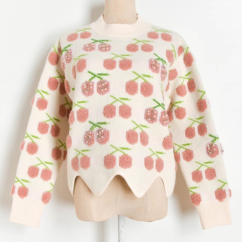 

women's sweaters contrasting color three-dimensional beaded cherry lazy fan wave hem knitted sweater pullover girls womens winter, White;black