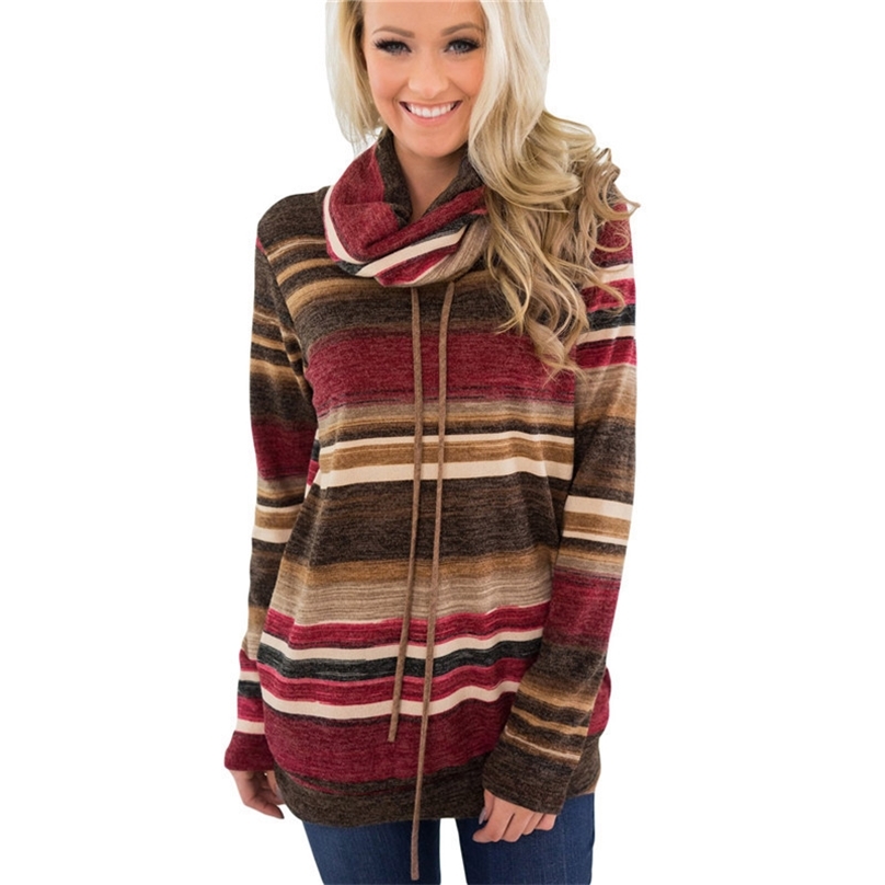 

Turtleneck Sweater Women Autumn Winter Long Sleeve Striped Multicolor Casual Pullover Lace Up Knitted Tunic 210607, Brown