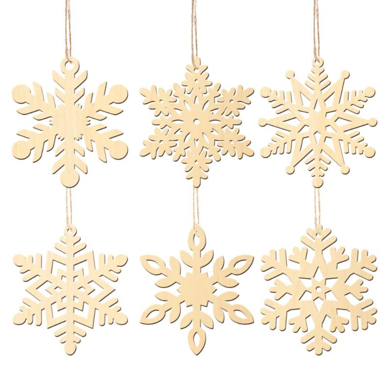 

Christmas Decorations 6pcs Wood Chip Pendant Carved Snowflake Ornament Decoration