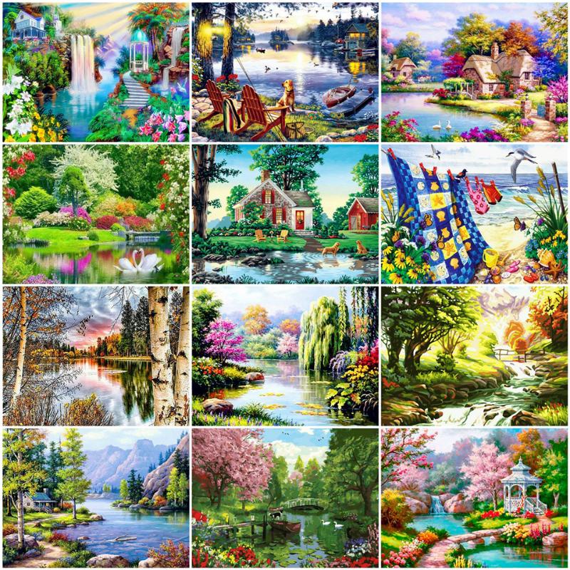 

Paintings AZQSD Oil Painting By Numbers Landscape DIY Picture For Living Room Home Decoration Drawing River Handpainted Gift