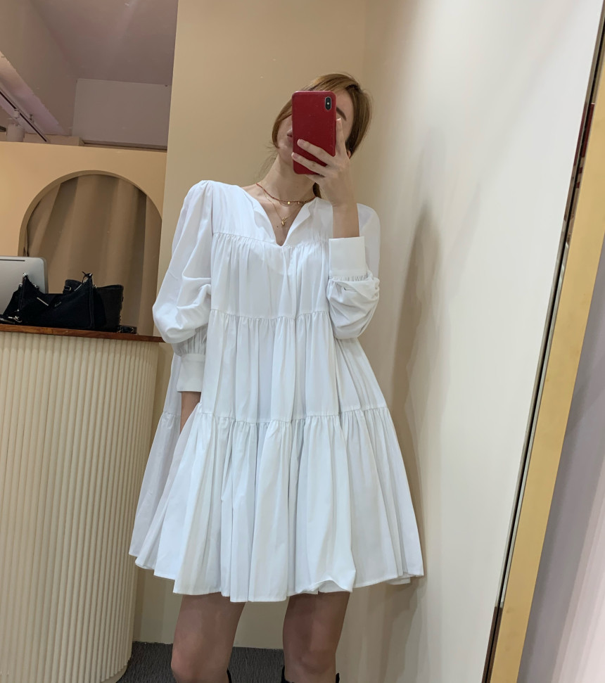 

Autumn Korean fashion dress female V-neck long-sleeved elegant casual retro solid color OL Vestidos 210520, White