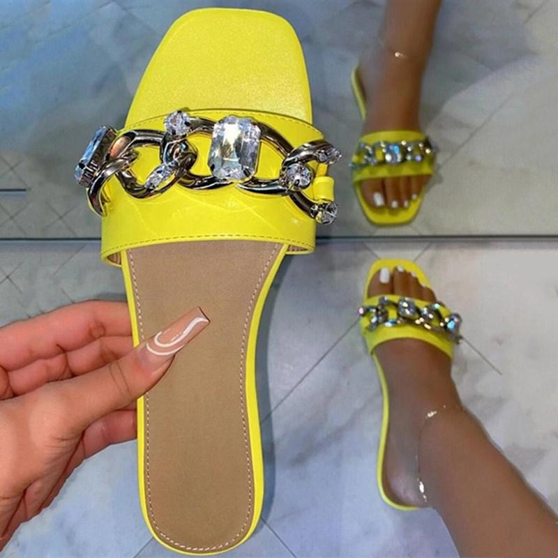 

Crystal Metal Chain Ornament Women Slippers Summer Open Square Toe Outside Beach Shoes Slides Slip On, Black