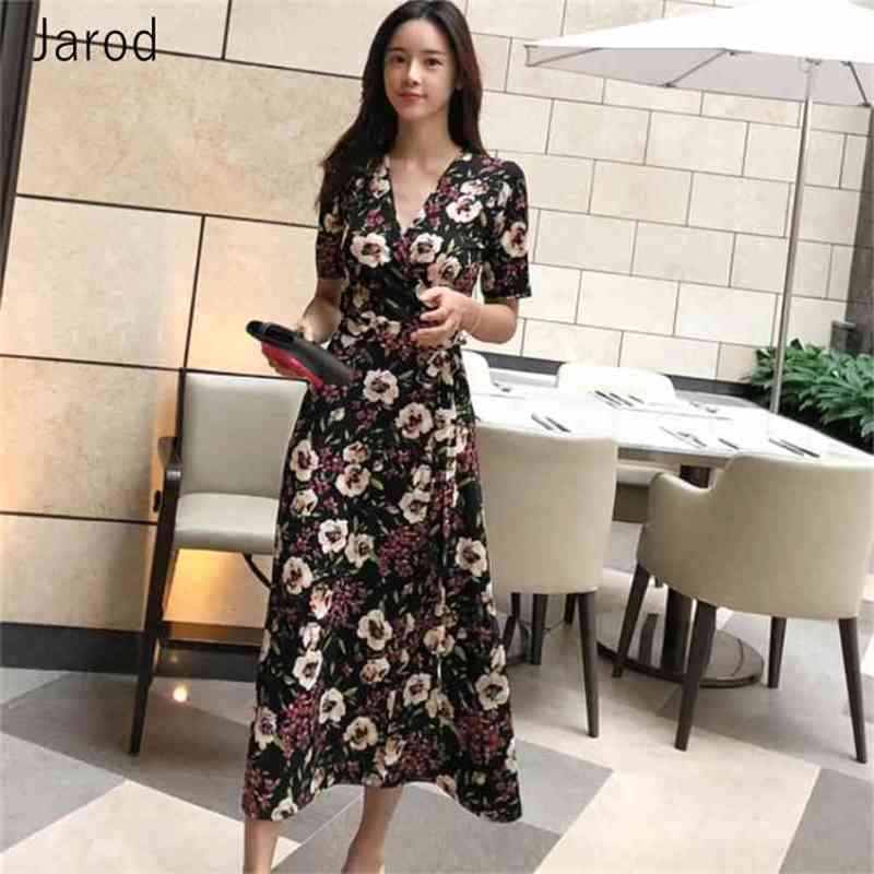 

Fashion Summer Print Floral Beach Dress Women Elegant V-Neck Long Sleeve Vintage Slim Wrap Vestido Robe Female 210519, Black