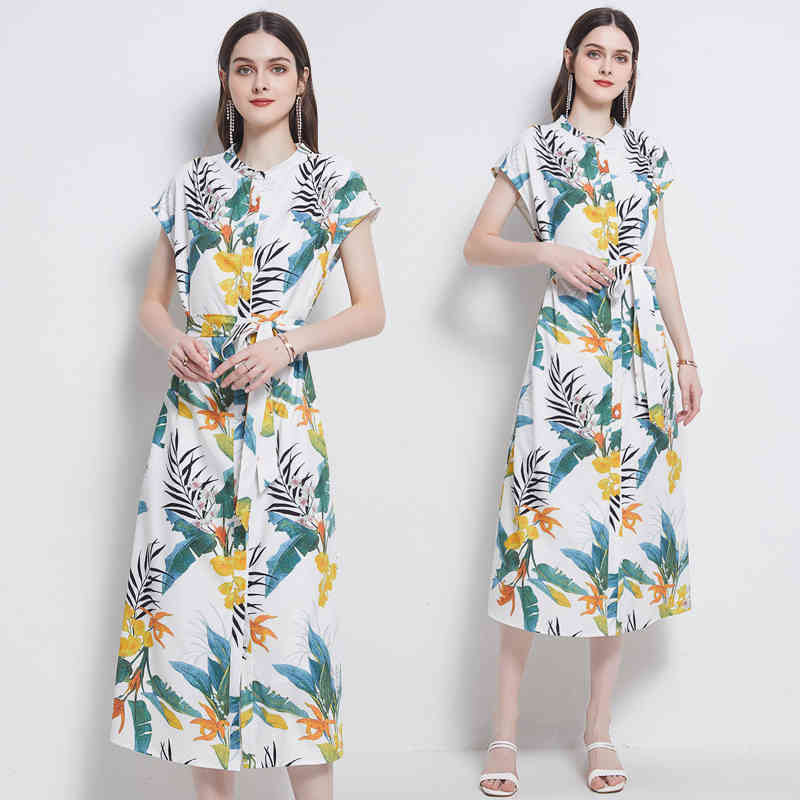 

The French style stand-up collar printed shirt loose and slim dress waist slimming temperament western a-line skirt 210525, Photo color