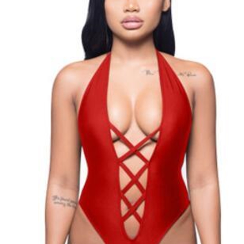 

Bikini Solid Color Bandage Lace Up Sexy Halter Women One Piece, White;black