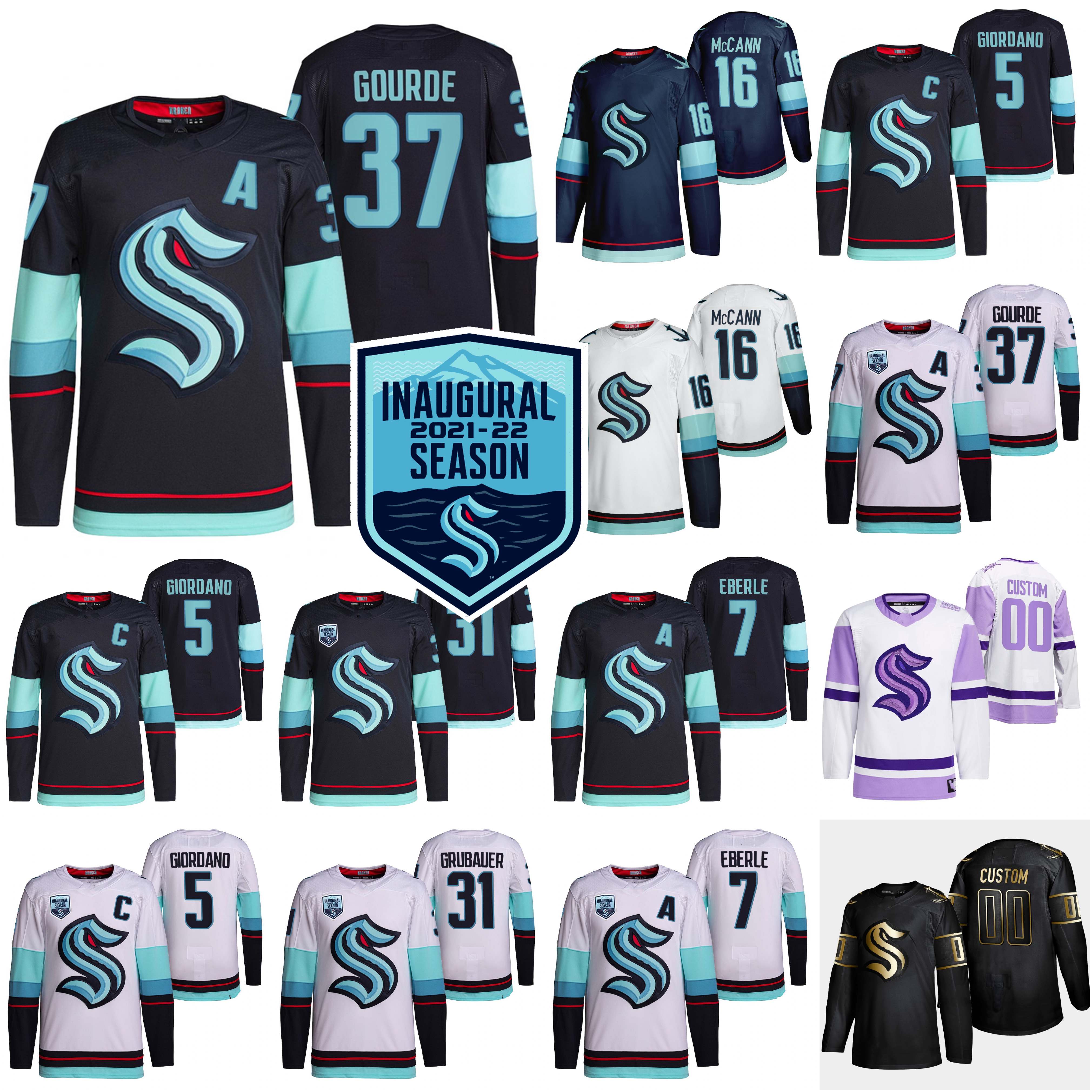 

Seattle Kraken Ice Hockey Jerseys 2021-22 Inaugural Season Yanni Gourde Jersey 16 Jared McCann Mark Giordano Philipp Grubauer Brandon Tanev Custom Stitched, Men white away with patch