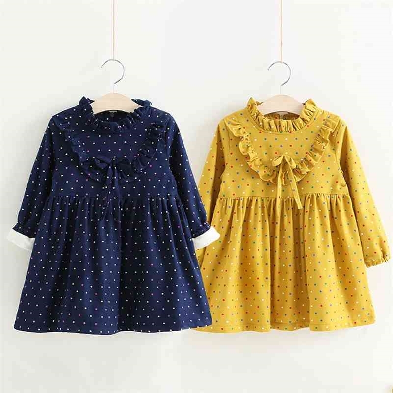 

Winter 2 34 6 8 10 Years Kids Crew-Neck Glitter Long Sleeve Dot Bow Thickening Plus Velvet Warm For Baby Girls Winter Dress 210701, Yellow