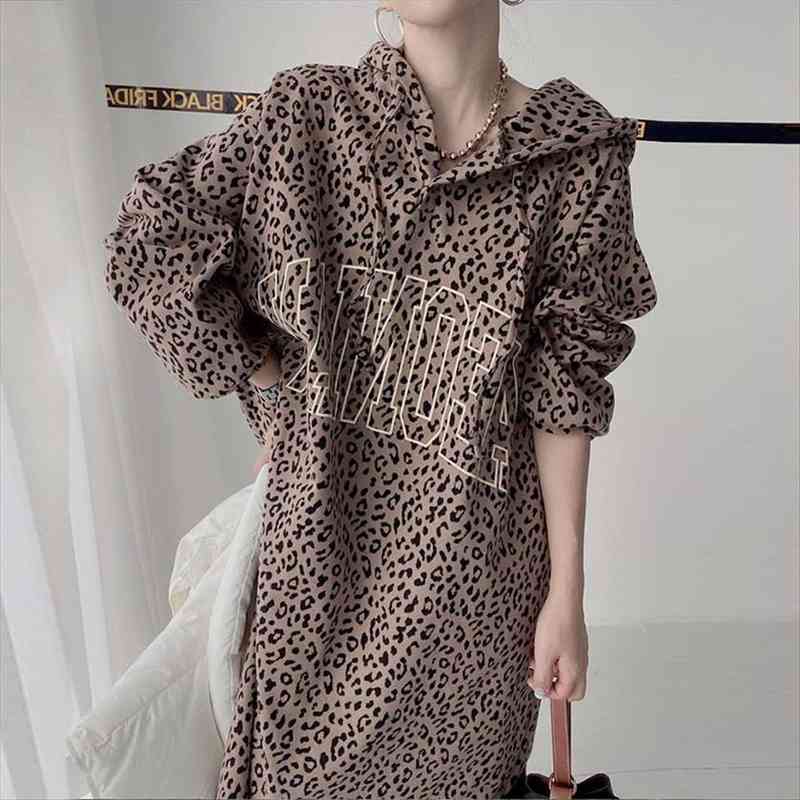 

[ewq] korean chic autumn hooded womens dresses drawstring letter printed leopard loose casual long bubble sleeve dress female fashion 16e486, Black;gray
