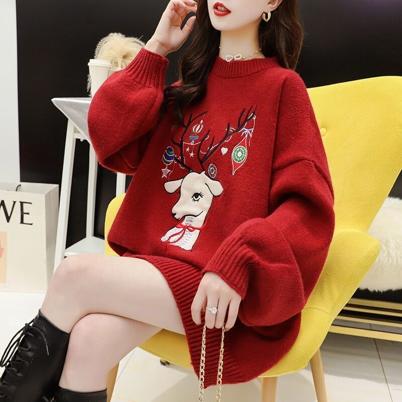 

women's sweaters large-sized female sweater, long-padded sweater with korean wind, loose, lazy, red, christmas 2y25, White;black