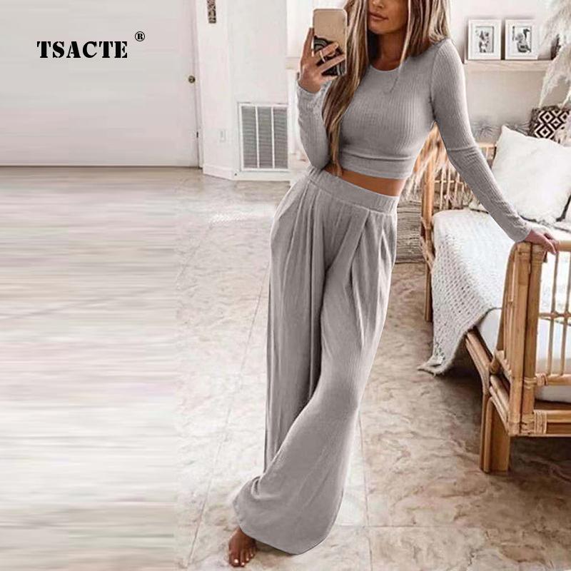

Women' Two Piece Pants Autumn Women' Solid Knitted Casual Home Wear Slim Tops Two-Piece Wide Leg Set Ladies Clothes Winter Fashion Com, Black