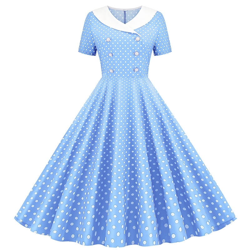 

Casual Dresses Vintage Printing Polka Dot Female Summer Short Sleeve A- Line Party Princess for Women England Style PCV1, Blue