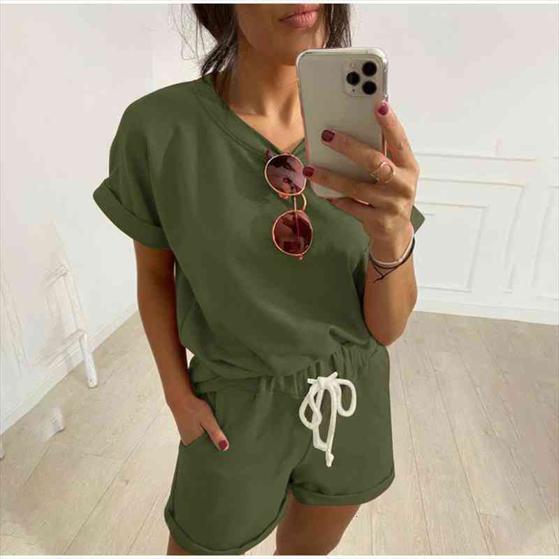 

European And American Casual Two Pieces Ladies Wear Casual Fashion Solid Cotton Short-sleeved Pants Suit Women, Gray