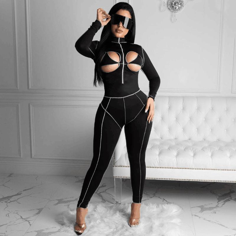 

Sexy Club Outfits For Women Skinny Jumpsuit Long Sleeve Hollow Out One Piece Bodycon Night Party Clubwear Women's Jumpsuits & Rompers, Black;white