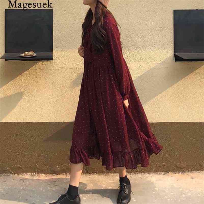 

Women Lace-up Long Sleeve Female A-line Vintage Loose Dress Polka Dots Print Chiffon Vestidos Femme Autumn 10860 210518, Black