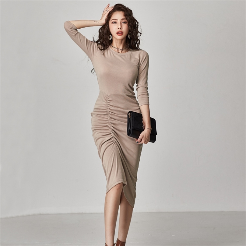 

maxi Dress korean ladies Summer Half Sleeve o neck Office Bodycon Knitted Tight Party Dresses for women clothing 210602, Khaki