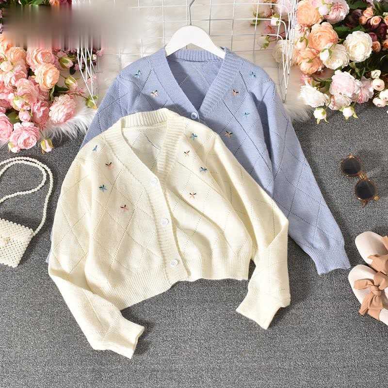 

Floral Embroidery Women Sweater Coat Long Sleeve V-neck Hollow-out Knitwear Korean Causal Short Cardigan 4D245 210602, White