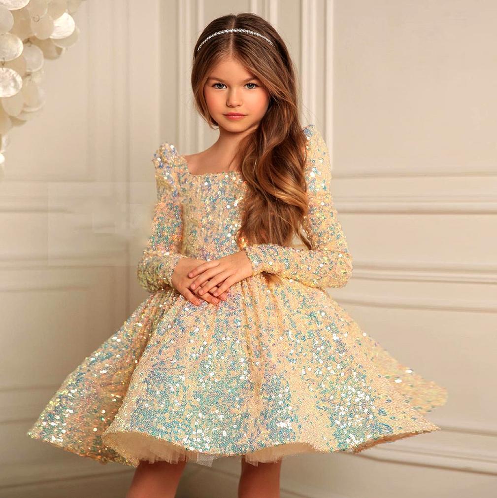 Robes de filles de fleur 2022 hors de l'épaule Bling Bling paillettes haut bas robe de bal d'or petites filles robes de soirée paillettes robes d