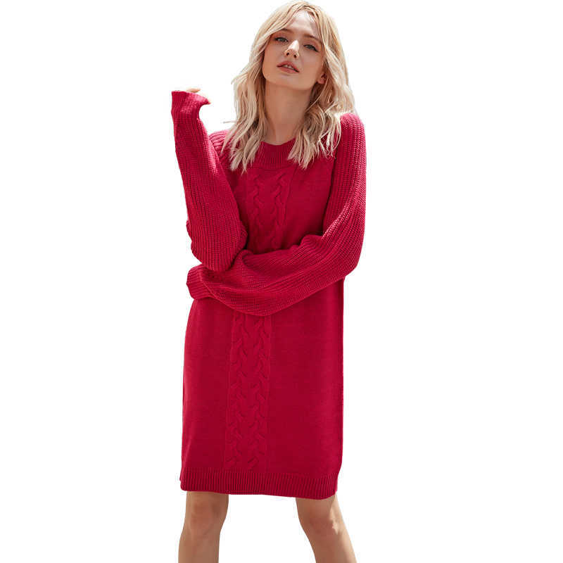 

Solid Color Knitting Sweater Dress Women Long Sleeve O Neck Loose Plus Size Casual Personality Elegant Streetwear Dresses 210608, Rose red
